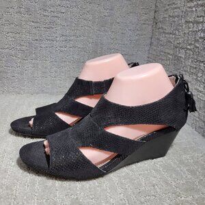 Anne Klein Salby Women's Size 8.5M US Black Textile Wedge Back Zipper Sandals